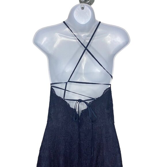 DESSY COLLECTION Halter Criss Cross Open-back Lace Trumpet Gown Navy Size 2 - Picture 6 of 9